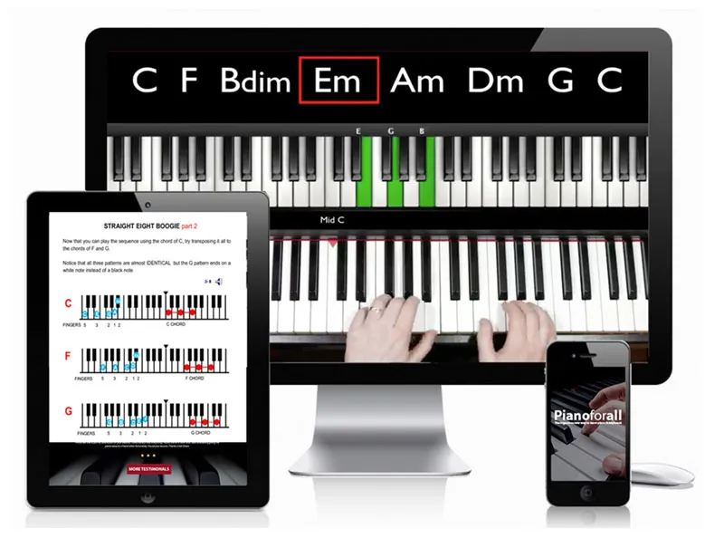 The Pianoforall course open on a desktop computer, a tablet and a phone