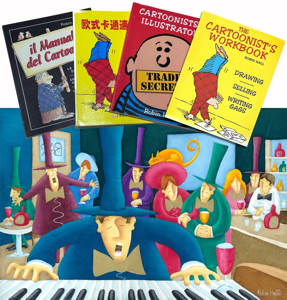 Robin Hall’s cartooning books, including The Cartoonist’s Workbook, above one of his cartoons