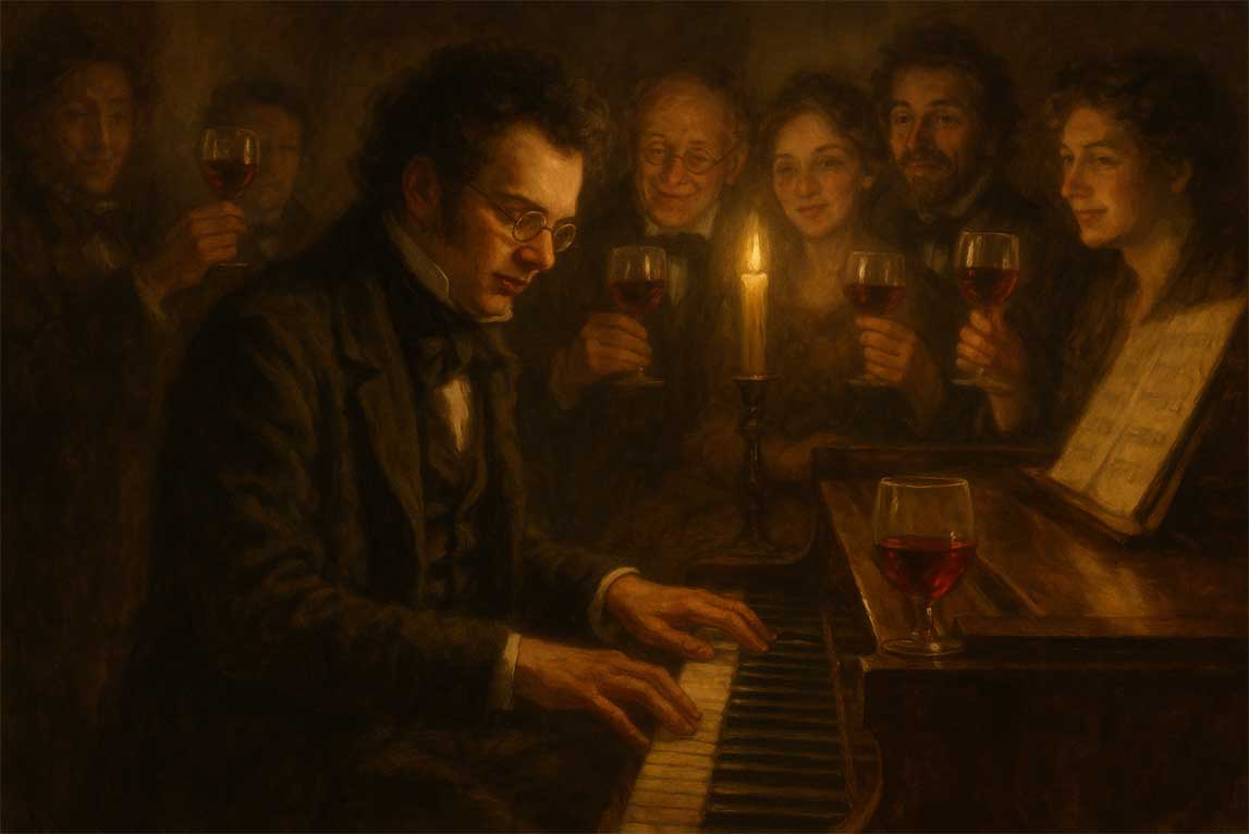 Franz Schubert at the piano with friends and wine